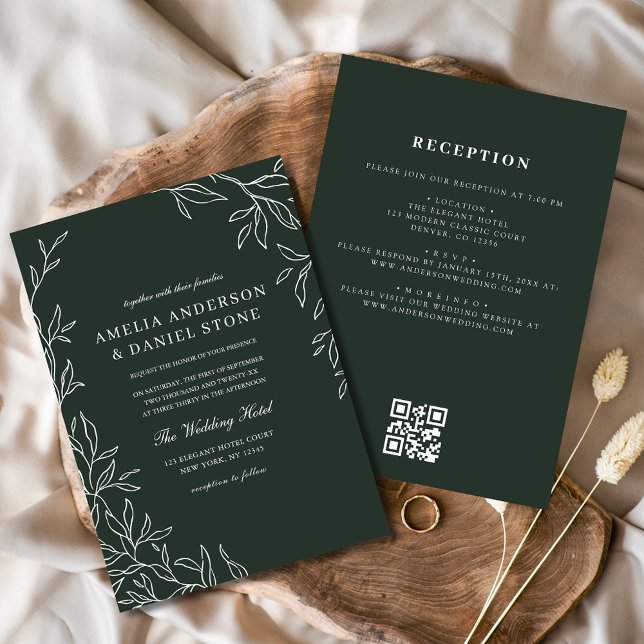 Invitación Boda de hoja mínima verde esmeralda del código QR (Subido por el creador)