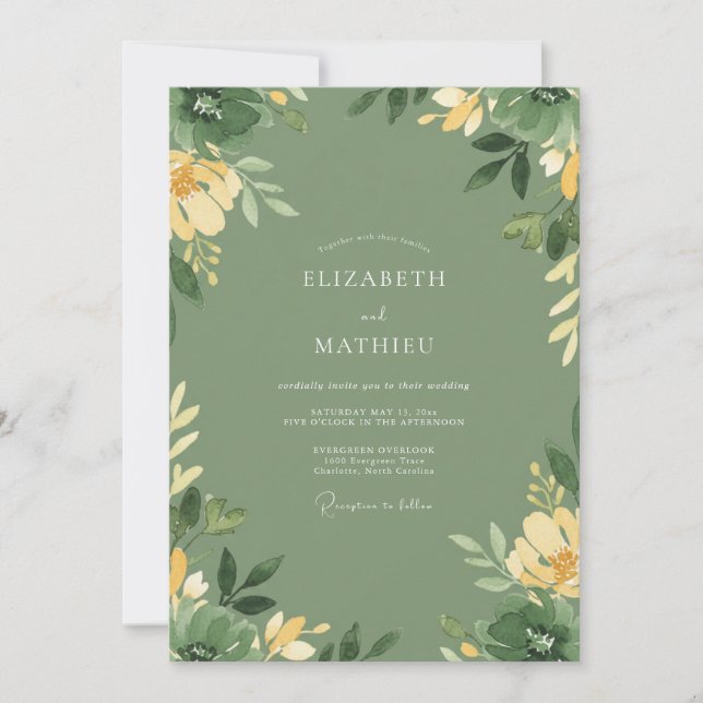 Invitación Boda de hoja musgosa amarilla (Anverso)