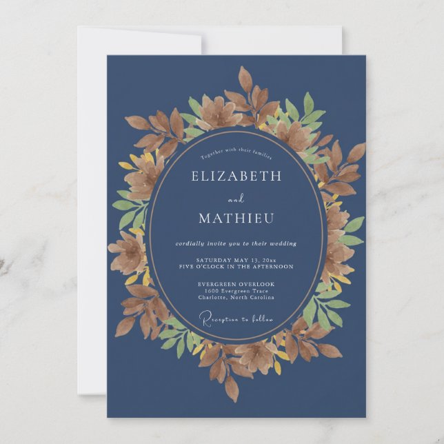 Invitación Boda de hoja otoñal índigo (Anverso)