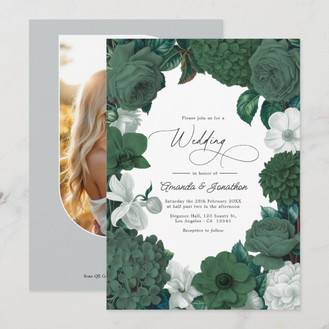 Invitación Boda de hoja perenne, enebro y blanca (Anverso / Reverso)