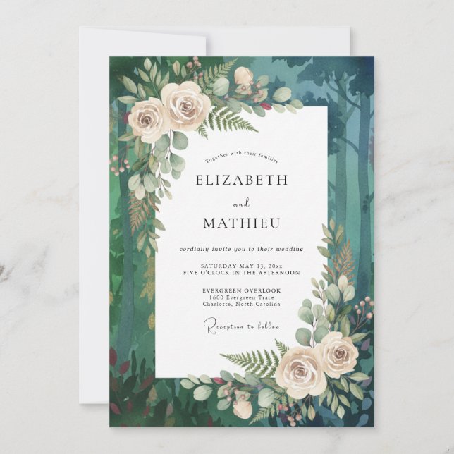 Invitación Boda de hoja perenne verde bosque temperamental (Anverso)