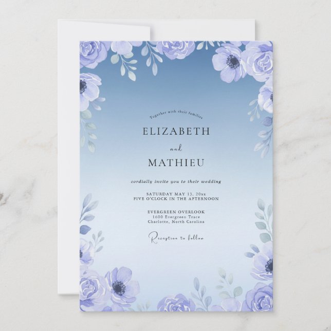 Invitación Boda de hoja pintada de aciano (Anverso)
