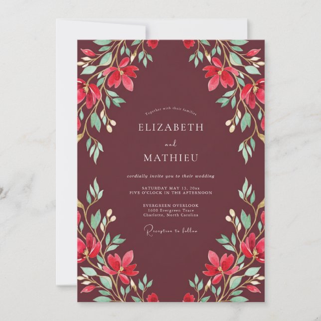 Invitación Boda de Hoja Pintada de Burdeos (Anverso)