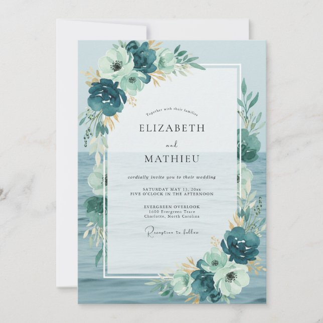 Invitación Boda de hoja pintada de cian (Anverso)