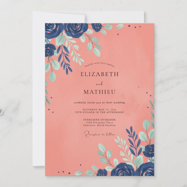 Invitación Boda de Hoja Pintada de Coral (Anverso)