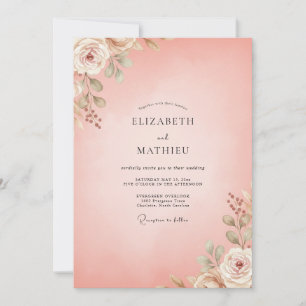 Invitación Boda de Hoja Pintada de Coral Rosado