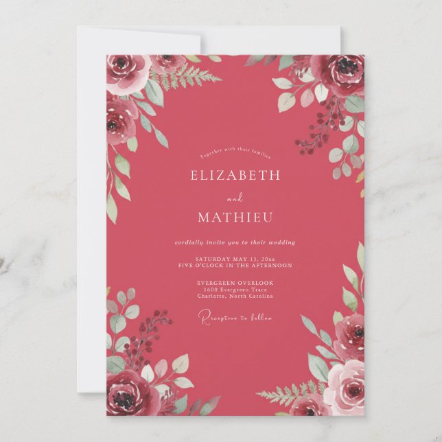 Invitación Boda de hoja pintada de frambuesa (Anverso)