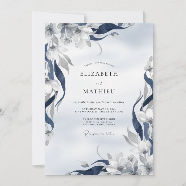 Invitación Boda de Hoja Pintada de Índigo (Anverso)