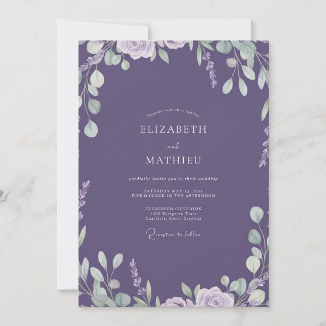 Invitación Boda de hoja pintada de lavanda (Anverso)