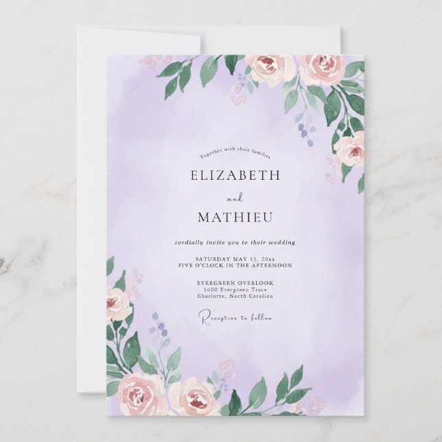 Invitación Boda de hoja pintada de lavanda silenciada (Anverso)
