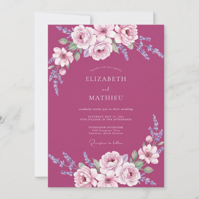 Invitación Boda de hoja pintada de magenta (Anverso)