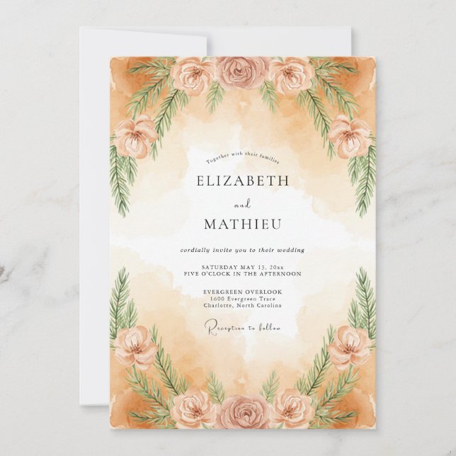 Invitación Boda de hoja pintada de melocotón polvoriento (Anverso)