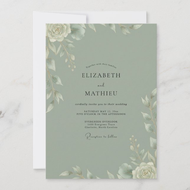 Invitación Boda de hoja pintada de salvia (Anverso)