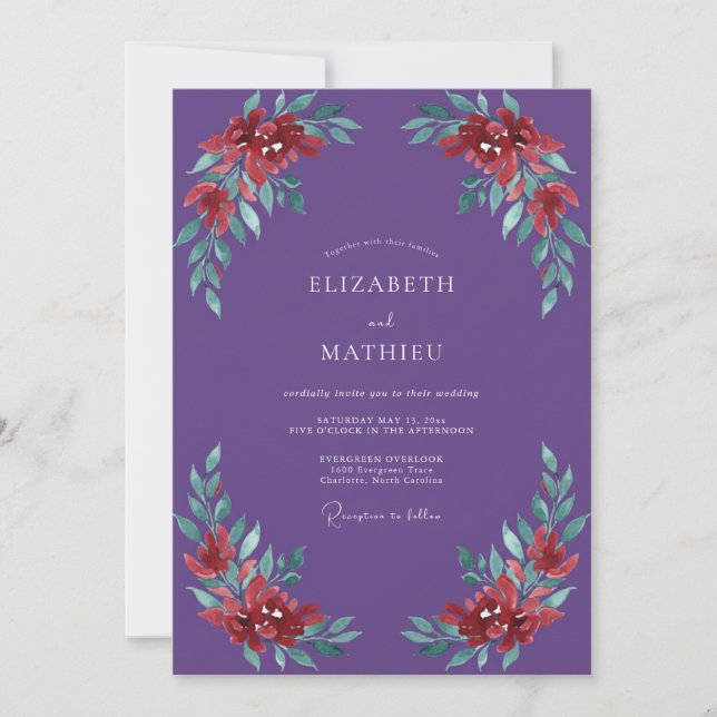 Invitación Boda de Hoja Pintada de Violeta (Anverso)