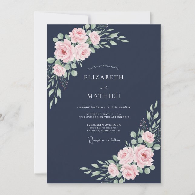 Invitación Boda de hoja rosa de medianoche (Anverso)