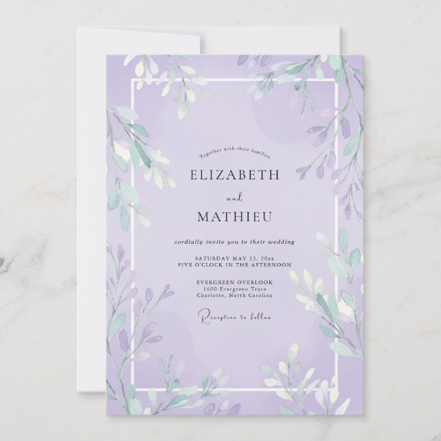 Invitación Boda de hoja suave violeta (Anverso)