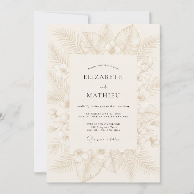Invitación Boda de Hoja Tropical de Champán (Anverso)