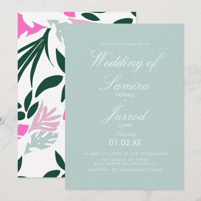Invitación Boda de hoja tropical de Monstera de primavera ver (Anverso / Reverso)