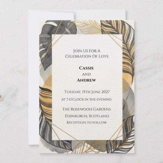 Invitación Boda de Hoja Tropical de Oro Negro (Anverso)