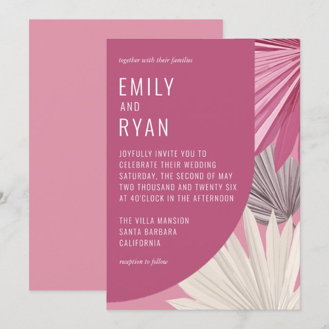 Invitación Boda de hoja tropical rosa rosada romántica modern (Anverso / Reverso)