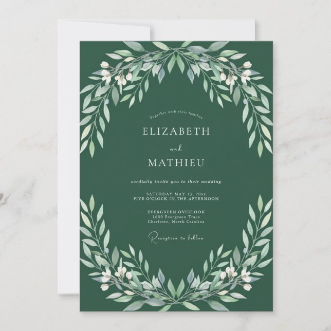 Invitación Boda de Hoja Verde Esmeralda Profunda (Anverso)