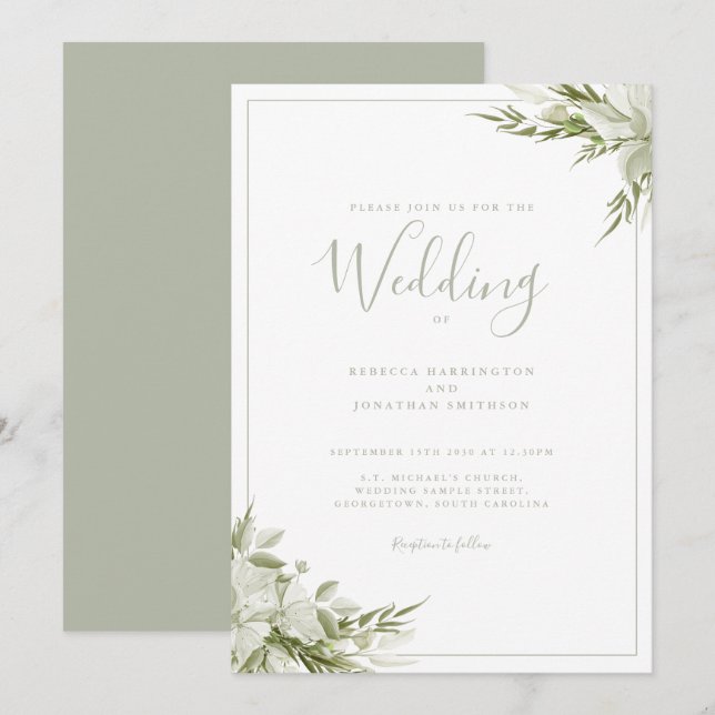 Invitación Boda de hoja verde mínima de vegetación (Anverso / Reverso)