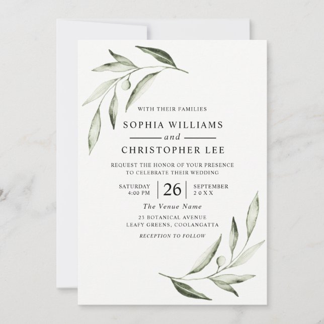 Invitación Boda de hoja verde oliva acuática moderna (Anverso)