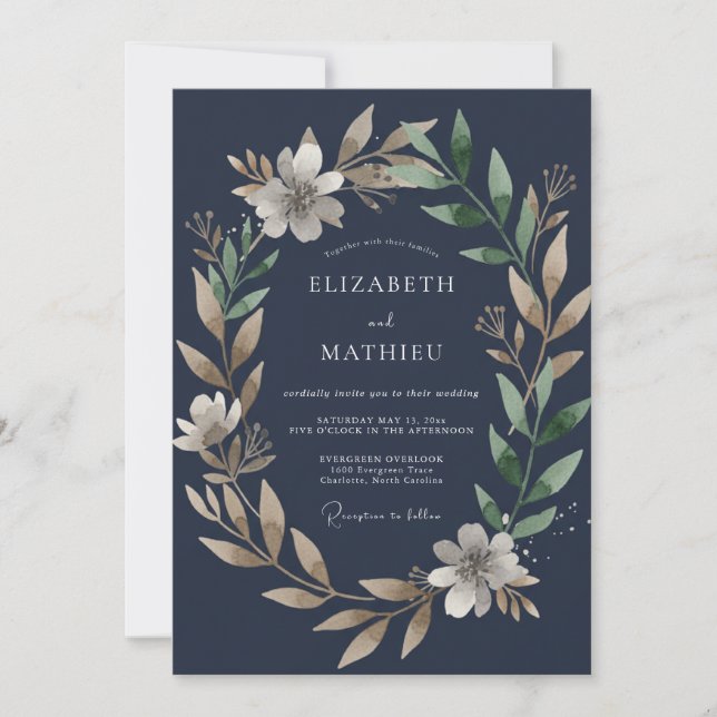 Invitación Boda de hoja verde oscuro zafiro (Anverso)