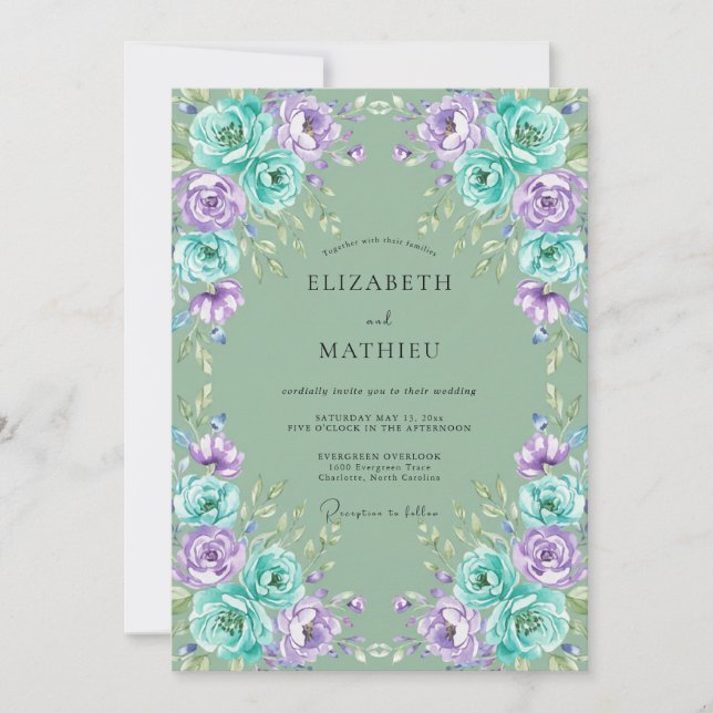 Invitación Boda de hoja violeta acuática (Anverso)