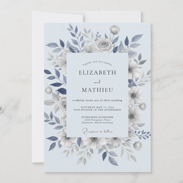 Invitación Boda de hojas azules acero (Anverso)