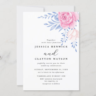 Invitación Boda de hojas azules agitadas de la flor rosa rosa