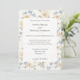 Invitación Boda de Hojas Azules Florales Crema Romántica