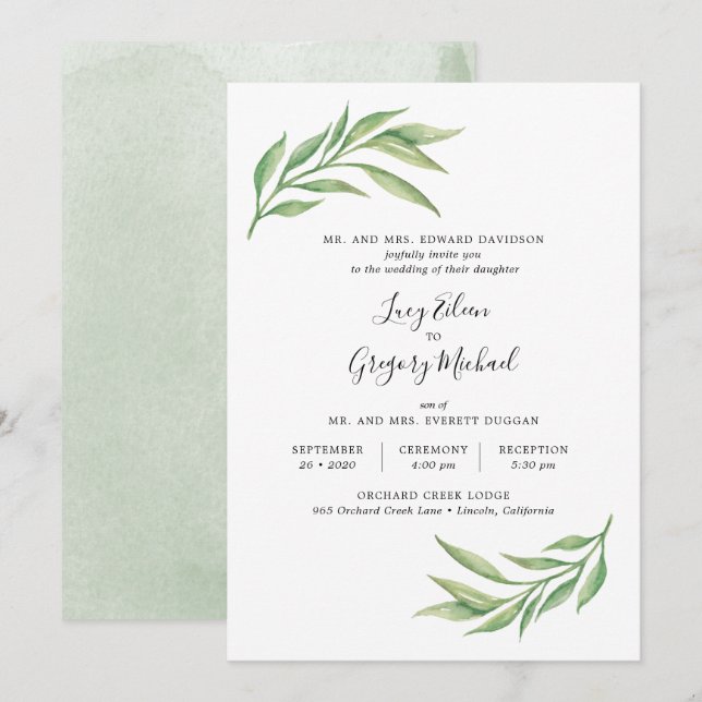 Invitación Boda de hojas botánicas acuáticas (Anverso / Reverso)