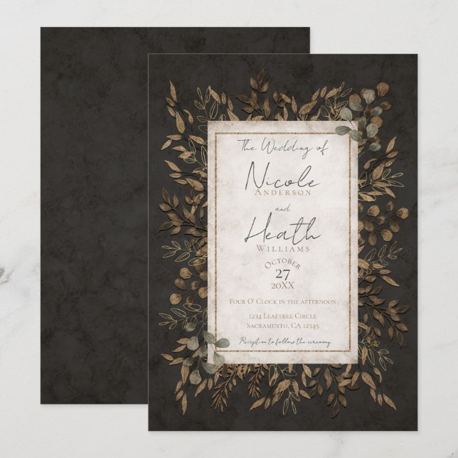 Invitación Boda de Hojas Botánicas de Bronce de Cuento de Oto (Anverso / Reverso)