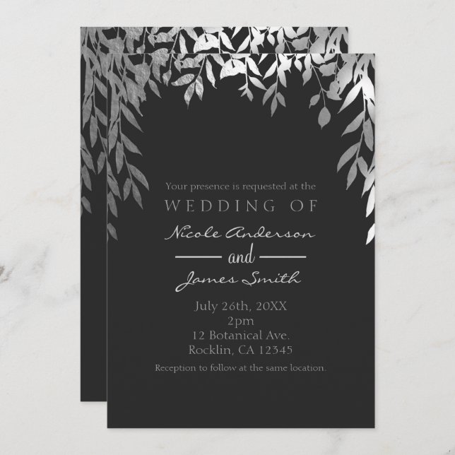 Invitación Boda de hojas botánicas glam modernas de plata y g (Anverso / Reverso)