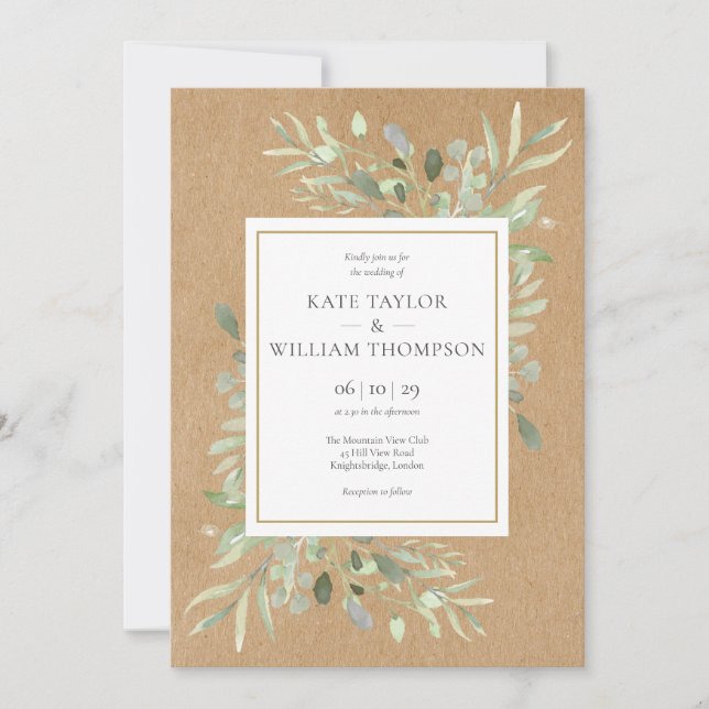 Invitación Boda de hojas de acuarela de Kraft rústico (Anverso)