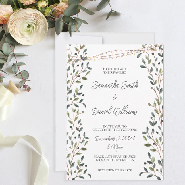 Invitación Boda de Hojas de Acuarela Verde (Pretty greenery and fairy lights decorate these wedding invitations.)
