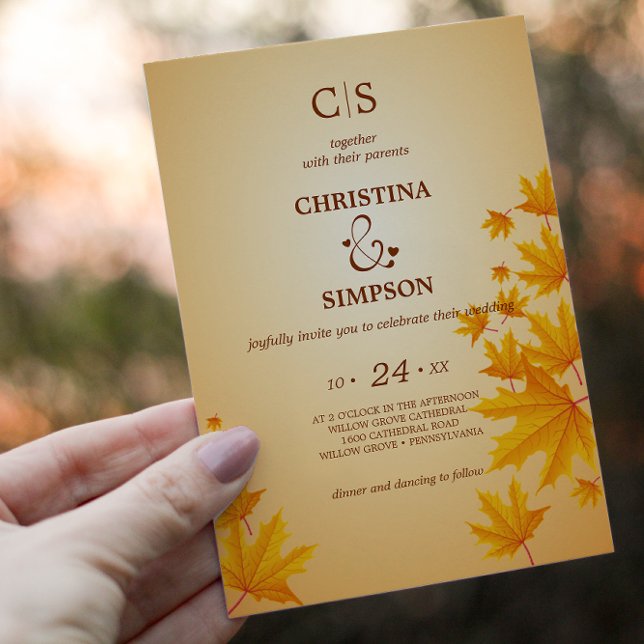 Invitación Boda de hojas de arce de otoño clásicas amarillas (Yellow Classic autumn maple leaves wedding Invitation)
