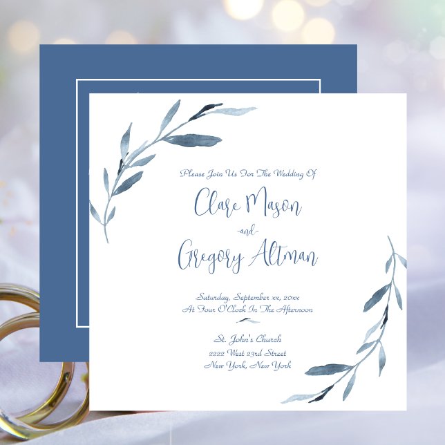 Invitación Boda de hojas de color azul y blanco (Blue Dawn, Watercolor Leaves Wedding Invitation)