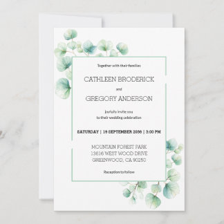 Invitación Boda de hojas de eucalipto acuarela verde suave