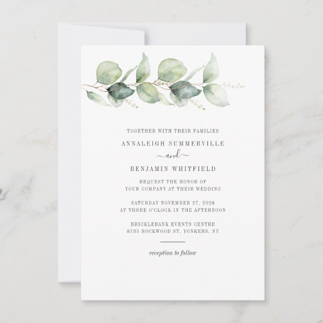 Invitación Boda de hojas de eucalipto botánico verde (Anverso)