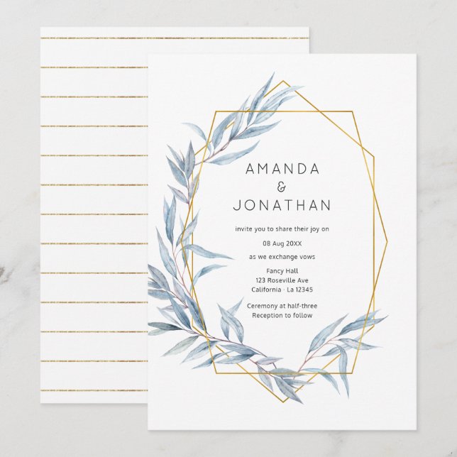 Invitación Boda de hojas de eucalipto geométricas de azul y d (Anverso / Reverso)