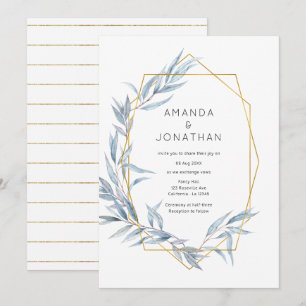 Invitación Boda de hojas de eucalipto geométricas de azul y d