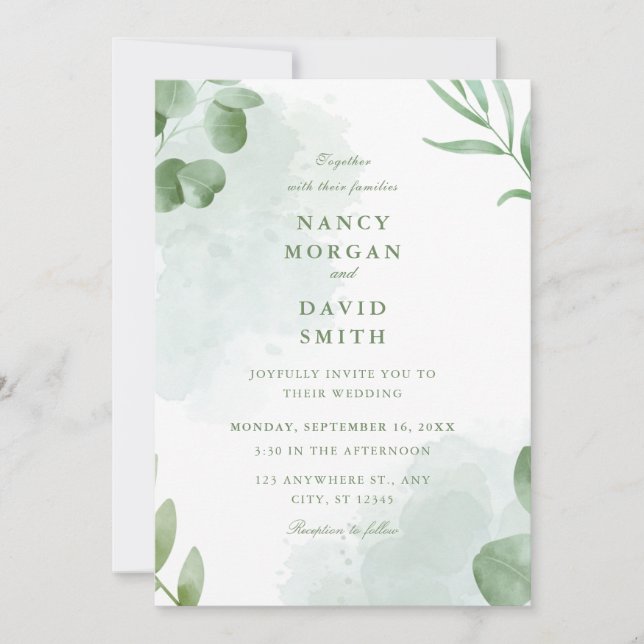 Invitación Boda de Hojas de Eucalipto Verdeacuarela  (Anverso)