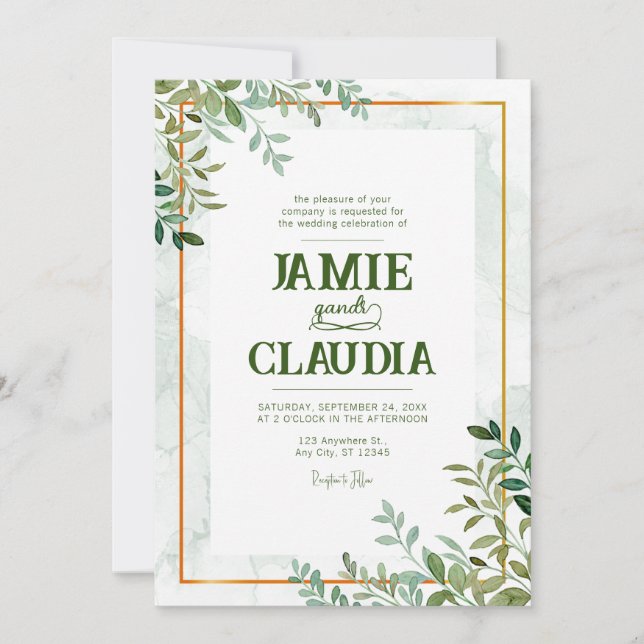 Invitación Boda de hojas de follaje color agua verde (Anverso)
