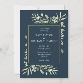 Invitación Boda de hojas de follaje dorado y azul marino prof