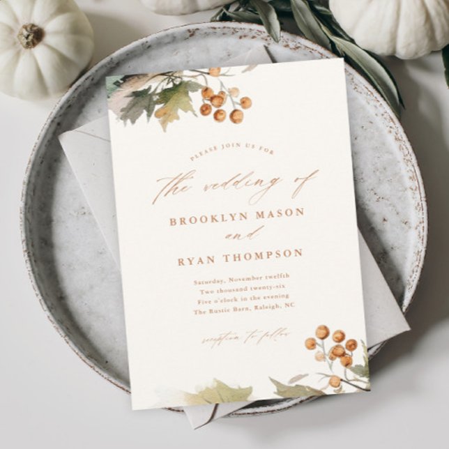 Invitación Boda de hojas de follaje verde otoñal rústico (An elegant and rustic fall wedding invitation with watercolor greenery leaves and foliage.)