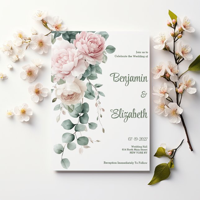 Invitación Boda de hojas de garland rosadas peonías eucalyptu (Pink garland peonies eucalyptus leaf Wedding )