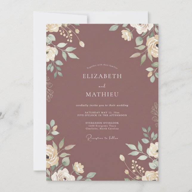 Invitación Boda de hojas de malva silenciada (Anverso)