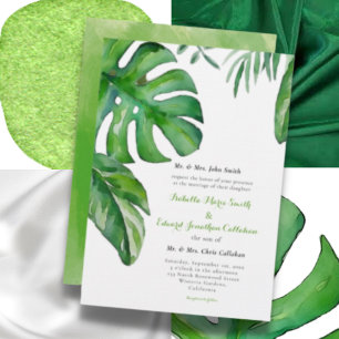 Invitación Boda de Hojas de Monstera Acuarela Verde Tropical
